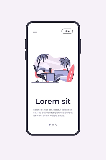 무료 벡터 직장에서 자고 서핑 보드 모바일 앱 템플릿으로 바다 해변을 꿈꾸는 피곤한 사무실 직원
