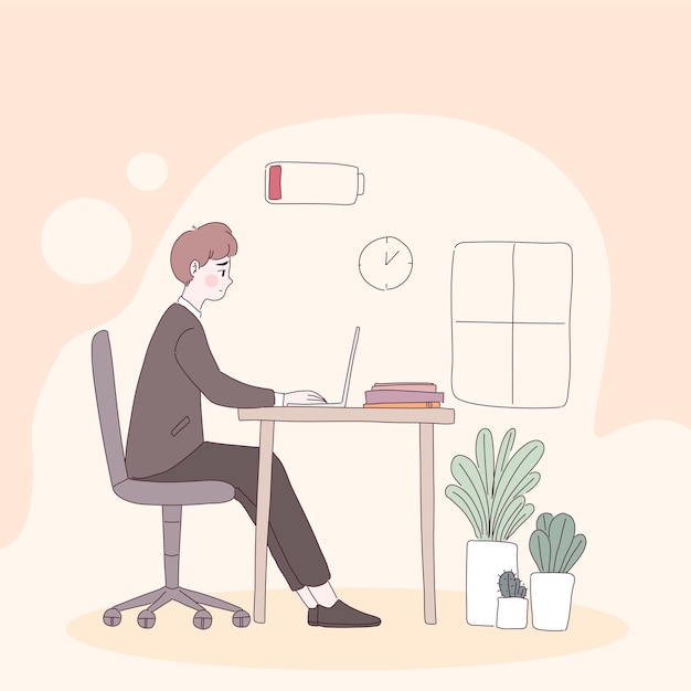 Free vector tired office worker sitting on the chair, with battery energy low charge