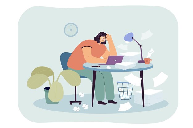 テーブルフラットベクトルイラストに座って疲れた過労女性。忙しい欲求不満の会計士または机の上に紙の山を持った働き者。ラップトップに取り組んでいる女性のオフィスの従業員。職場、ストレスの概念