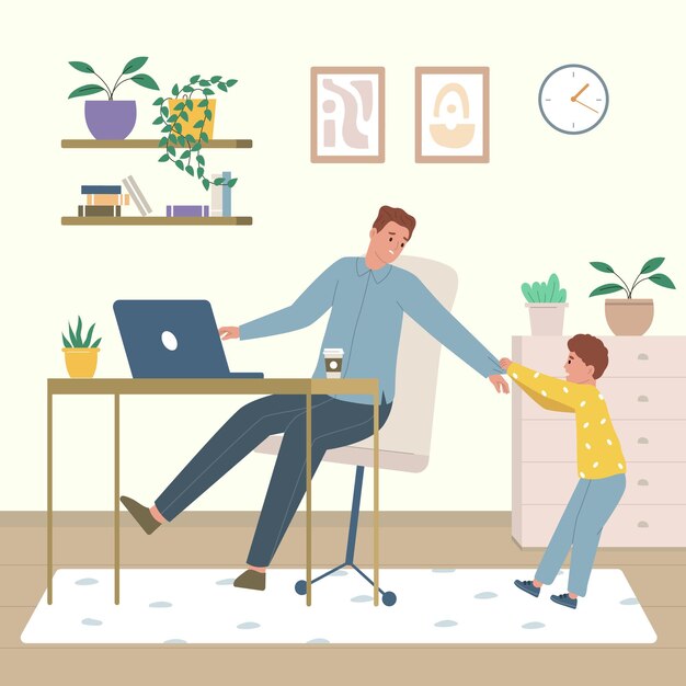 Tired parents flat composition with father distracted by child vector illustration