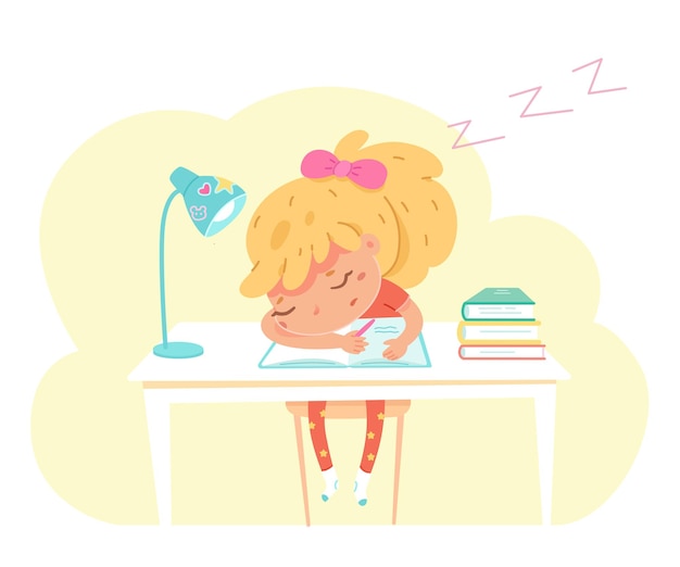 Free vector tired schoolgirl sleeps in class sleepy girl sitting at school desk boring lesson stress day at school study problems childhood elementary children education