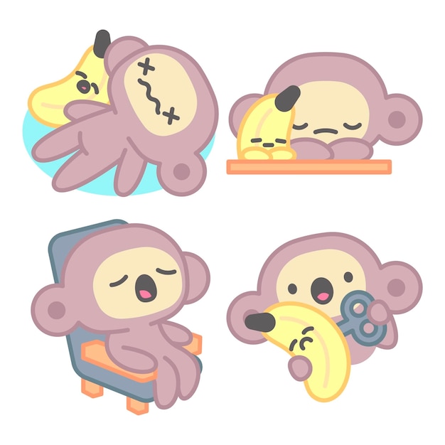 무료 벡터 원숭이와 바나나가 있는 피곤한 스티커 모음