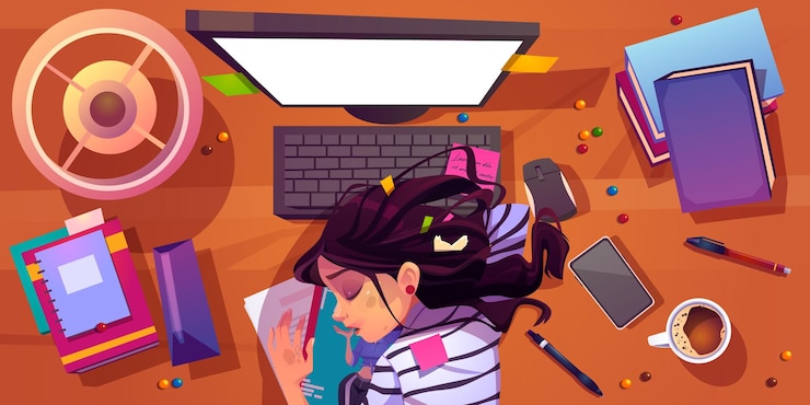 Free Vector tired woman sleep at office computer desk vector