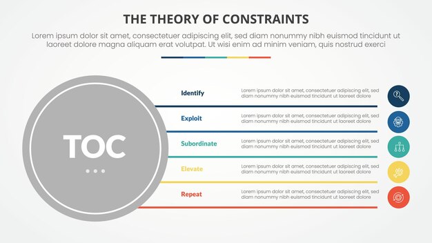 toc theory of constraints infographic concept for slide presentation with big circle base and line box stack with 4 point list with flat style