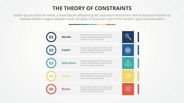 toc theory of constraints infographic concept for slide presentation with rectangle box stack with outline circle badge with 4 point list with flat style