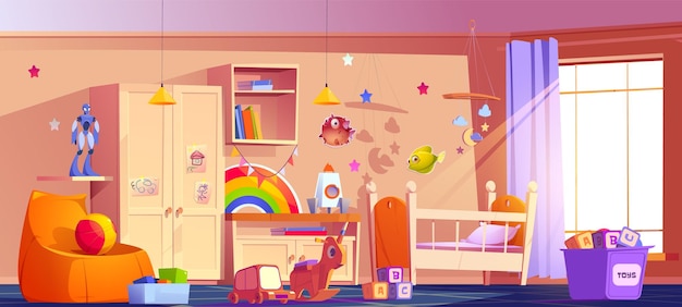 Toddler bedroom with furniture and toys vector cartoon illustration of light room with large window crib wardrobe drawer and soft armchair robot rocket cubes in box rocking horse wooden car