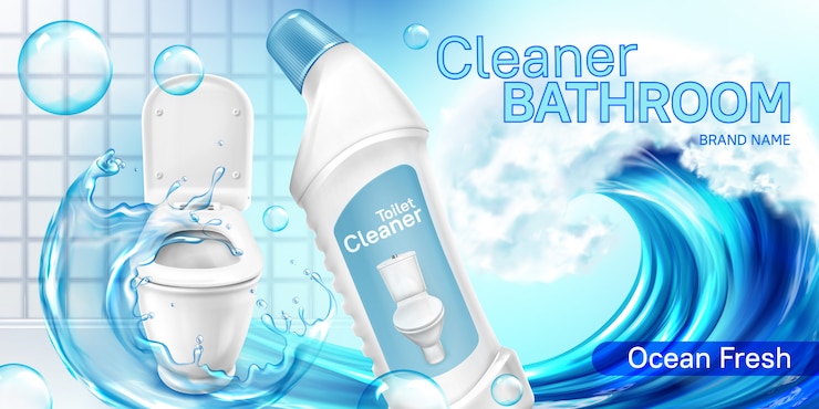 Free Vector toilet cleaner bottle in water wave, illustration for product packaging
