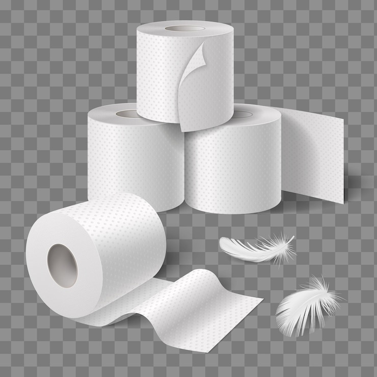 Free Vector toilet paper kitchen towels rolls realistic composition with view of bath tissue feathers on transparent background vector illustration