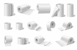 Бесплатное векторное изображение Рулоны кухонных полотенец из туалетной бумаги с изолированными иконками и реалистичными изображениями векторной иллюстрации мягкой салфетки