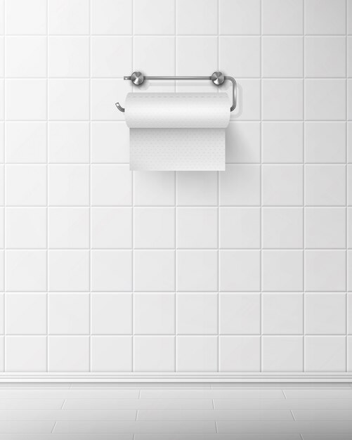 Toilet paper on metal holder hang on tiled wall