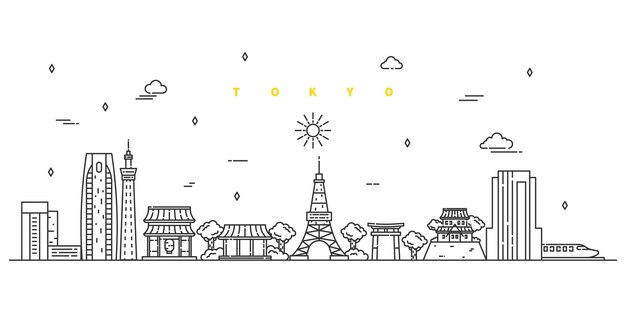 ピンクの背景の東京 日本の有名なランドマークと旅行の概念 紙カットイラスト プレミアムベクター