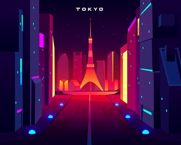 Tokyo city night skyline with skytree television tower view in neon illumination. 