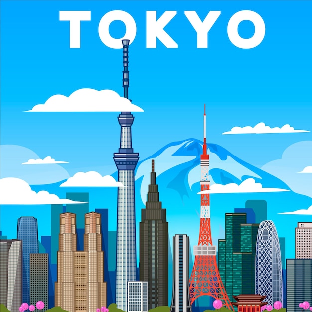 Vettore gratuito orizzonte della città di tokyo al tramonto a tokyo, giappone. illustrazione vettoriale.