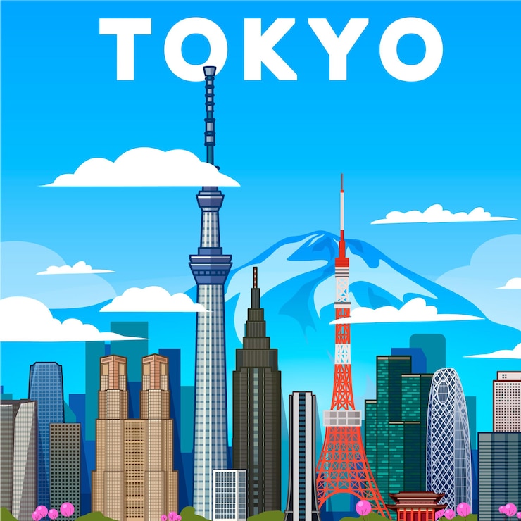 無料Vector 東京、日本の日没時の東京の街並み。ベクトルイラスト。