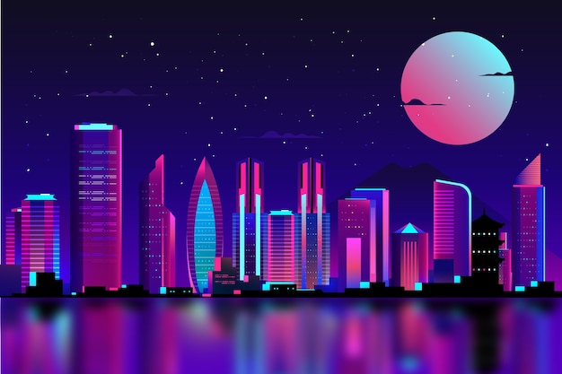 Free vector tokyo in neon lights with full moon