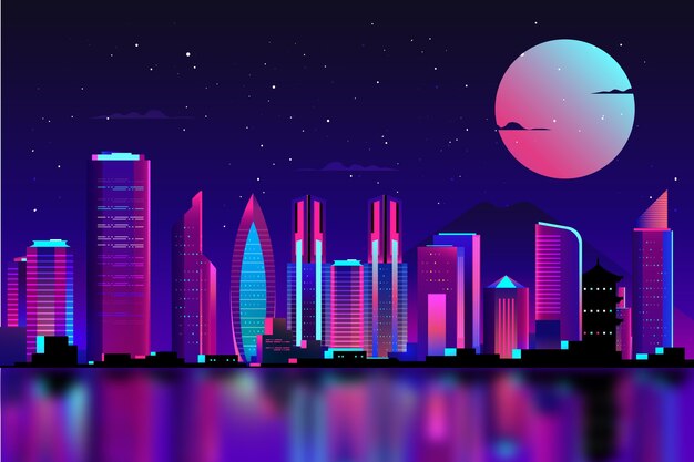 Tokyo in neon lights with full moon