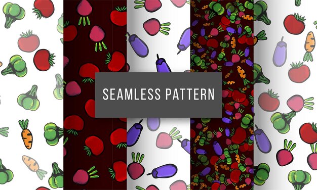 Tomato broccoli carrot eggplant radish seamless pattern