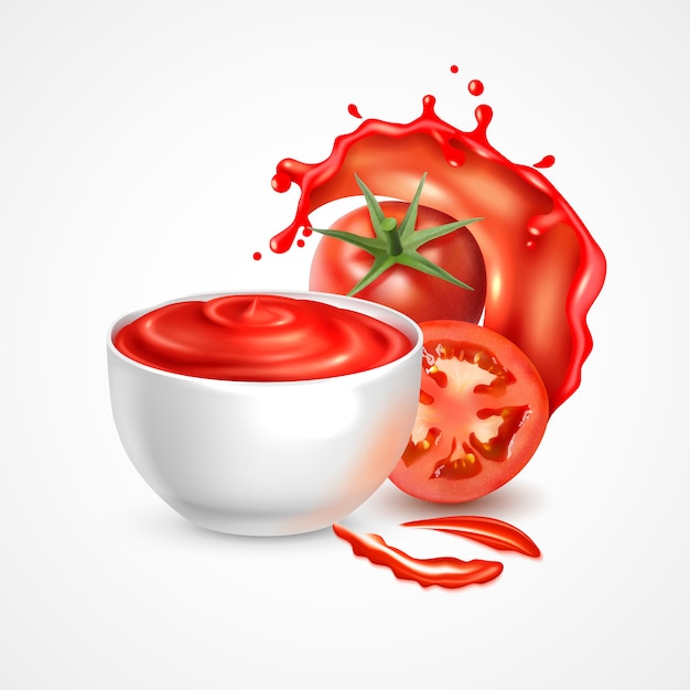 Free vector tomato sauce bowl realistic composition with fresh whole vegetable and slice in splash of juice