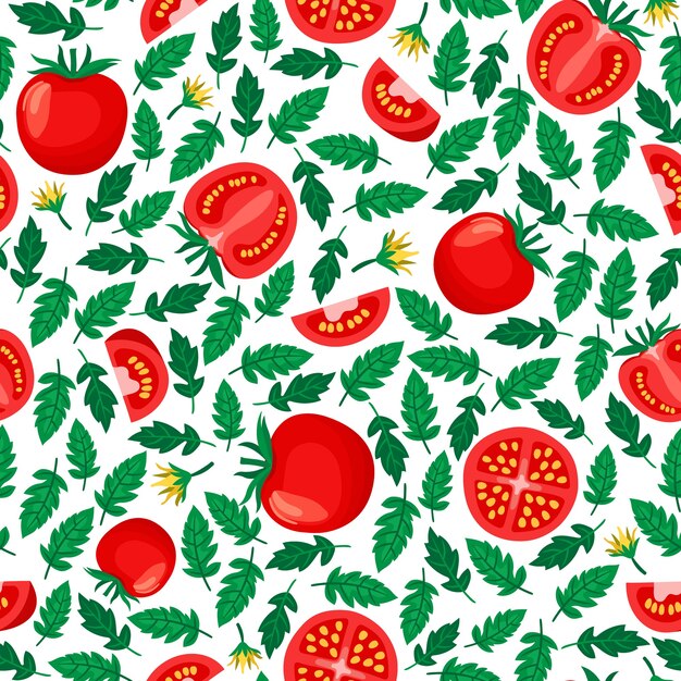 помидоры бесшовные модели, белый фон с нарезанными и целыми помидорами и листьями