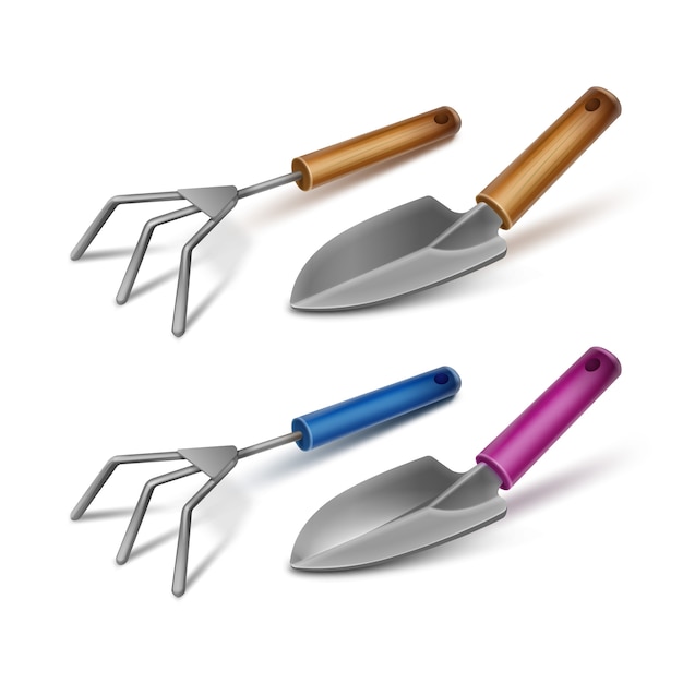 tools for gardening: hand cultivator and trowel with wooden and colored handle