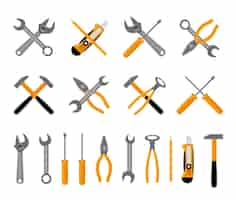 Free vector tools icons set. hammer and wrench, , screwdriver and spanner. vector illustration