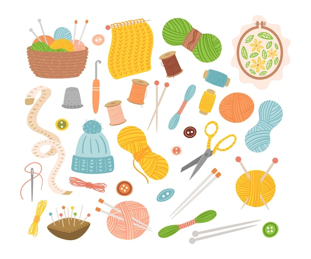 Tools for knitting and sewing flat vector illustrations set.\
accessories for needlework: wool threads, scissors, needles, yarn\
balls, crochet isolated on white background. hobby, handicraft\
concept