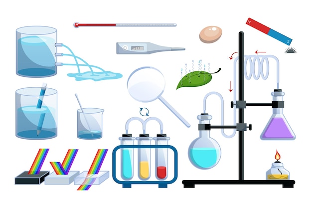 Tools for scientific experiments cartoon illustration set