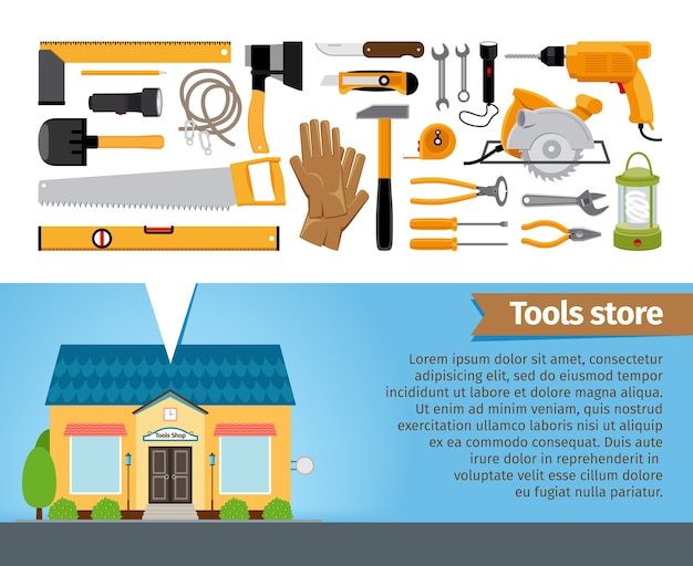 Магазин инструментов. Набор строительного инструмента, отвертки, гаечного ключа, плоскогубцев, лопаты, уровня, пилы, топора, молотка.