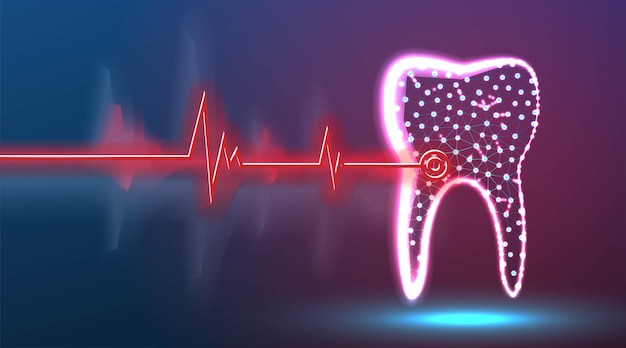 질병의 치아 치과 포인트 건강 및 의료 개념 빨간색 레이저 외과 의사 기술 추상 낮은 폴리 와이어 프레임 메쉬 디자인 빨간색과 파란색 배경 벡터 일러스트 레이 션