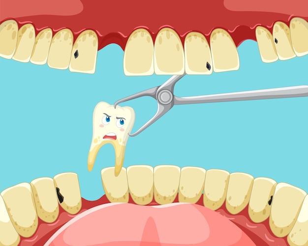 Vettore gratuito estrazione del dente all'interno della bocca umana