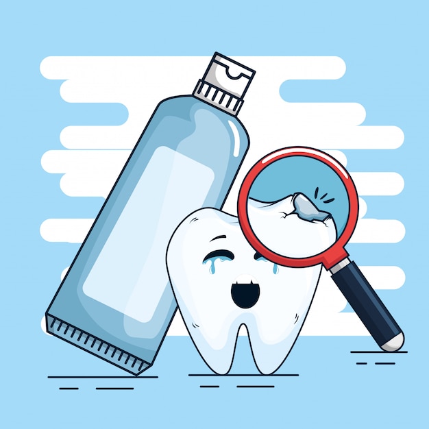 Tooth treatment with toothpaste and magnifying glass