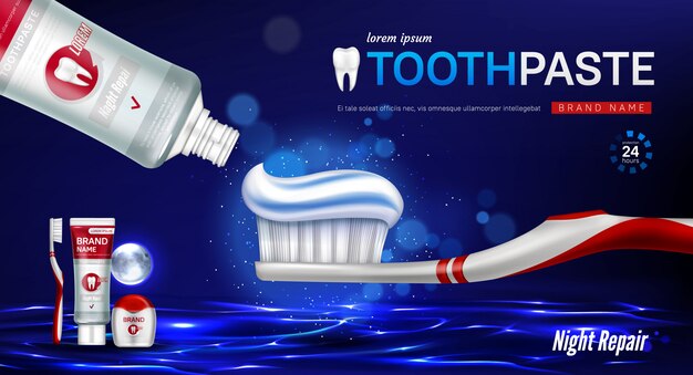 Toothpaste, brush, dental floss and tooth banner