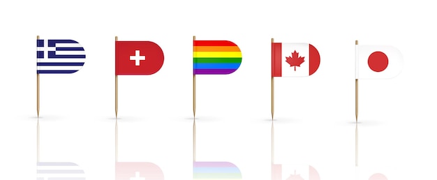 Vettore gratuito bandiere di stuzzicadenti dei paesi. grecia, svizzera, canada, giappone e gagliardetto arcobaleno lgbt su bastoncini appuntiti in legno