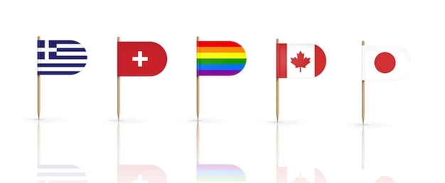 Зубочистки флаги стран. греция, швейцария, канада, япония и радужный вымпел лгбт на деревянных заостренных палках