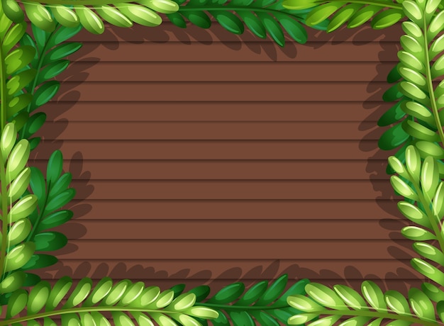 Top view of blank wooden table with leaves elements