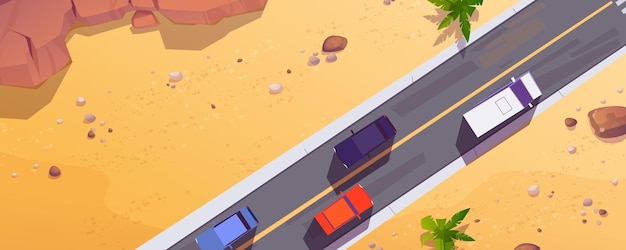 Free vector top view to cars on road in desert or sea beach