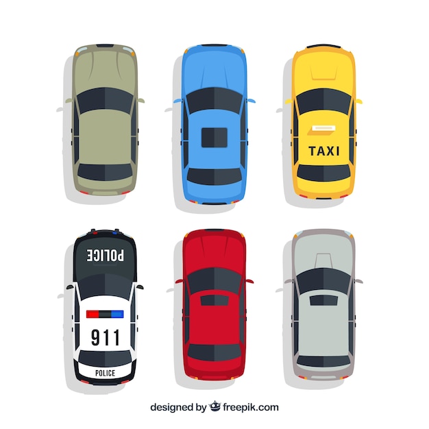 Top view of cars with taxi and police