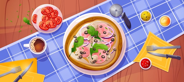 Free vector top view of cartoon pizza on wooden table