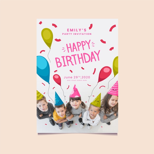 Top view children with party hats invitation