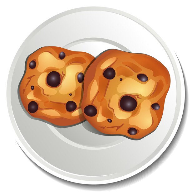 Top view of chocolate chip cookies in plate sticker on white background