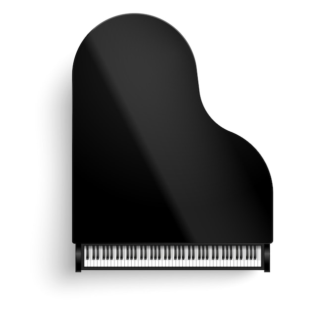 Вид сверху на классический черный рояль с открытой клавиатурой на белом фоне, изолированная векторная иллюстрация