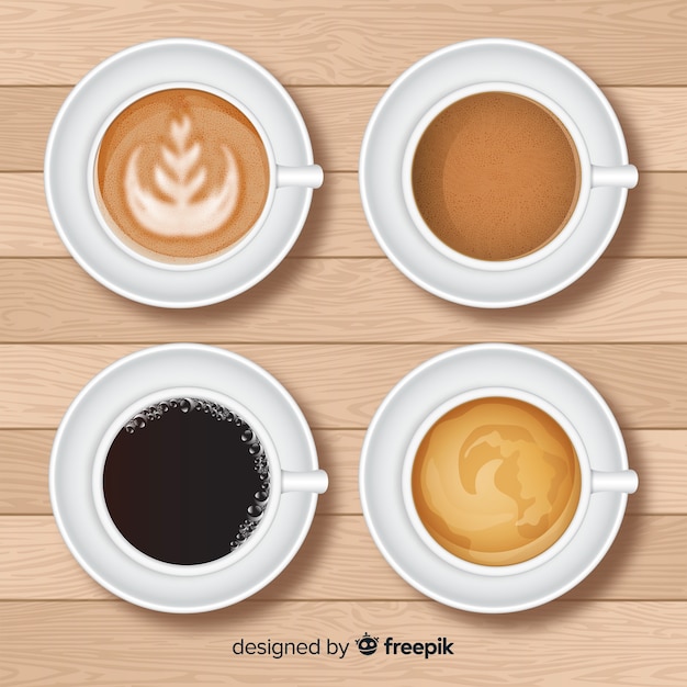 現実的なデザインのコーヒーカップコレクションのトップビュー
