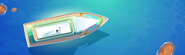 Free vector top view of cruise ship in sea. aerial view to luxury passenger liner for summer vacation and travel. vector cartoon illustration of ocean and big cruise ship with swimming pool on deck