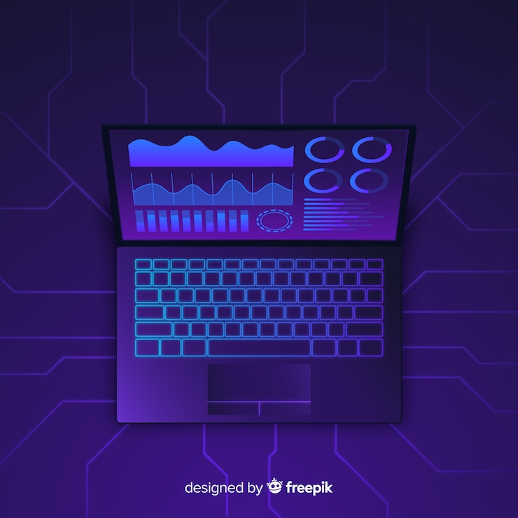 Free Vector top view dark laptop background template