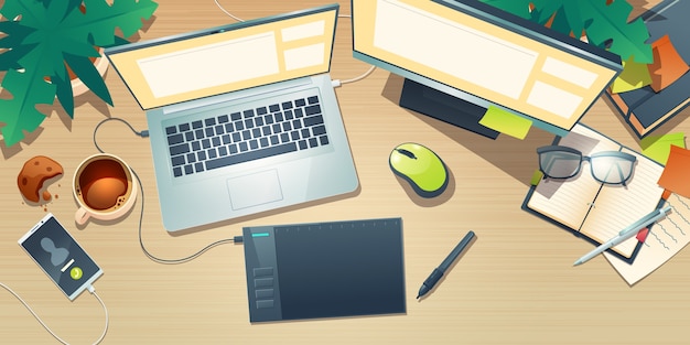Top view of designer workspace with graphic tablet, laptop, monitor, coffee cup and plants on wooden table. cartoon flat lay of creative artist workplace with mobile phone and notebook