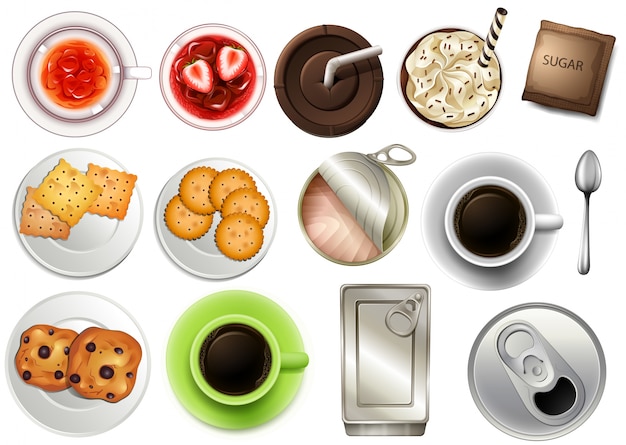 Top view of the different drinks and beverages on a white background