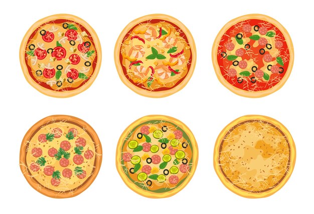 Набор иллюстраций различных пицц сверху