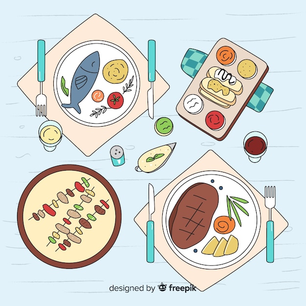 Top view of dishes on restaurant table