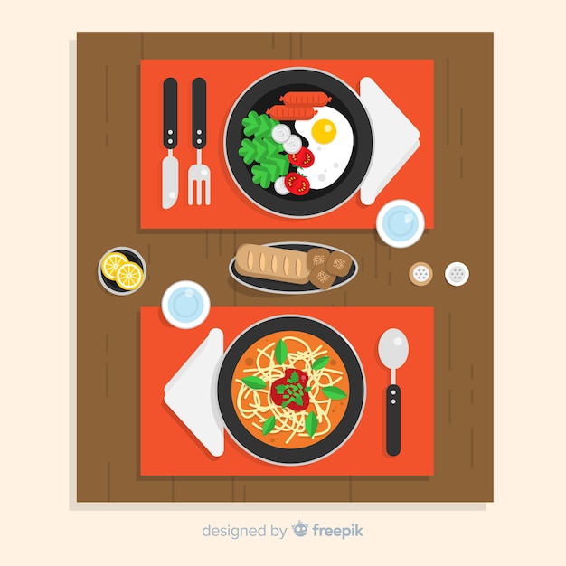 Free vector top view of elegant restaurant table with flat design