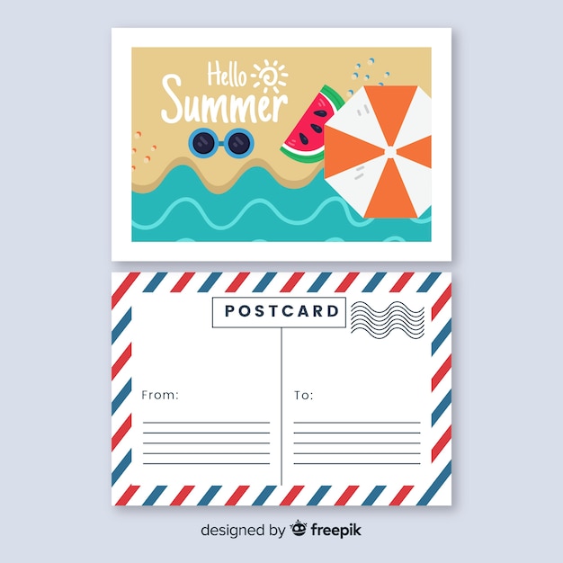 Free vector top view flat beach shore summer postcard